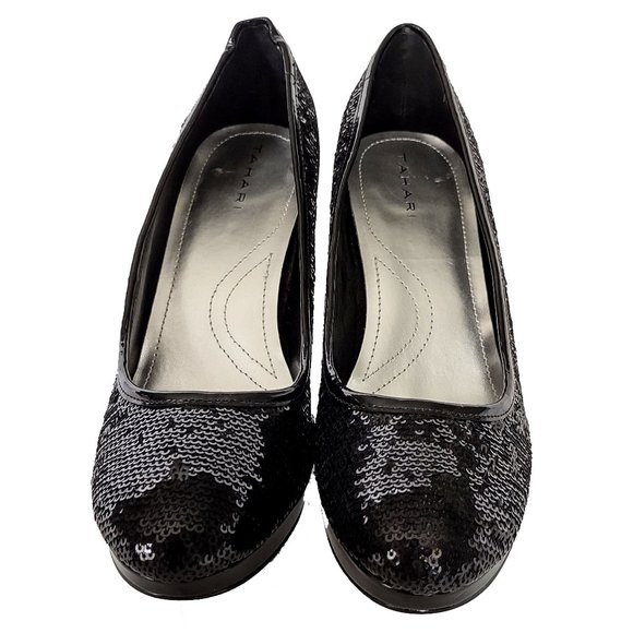 Tahari Black Sequined Platform High Heeled Pumps 8 1/2 8.5  M Patent Never Worn - Picture 6 of 8